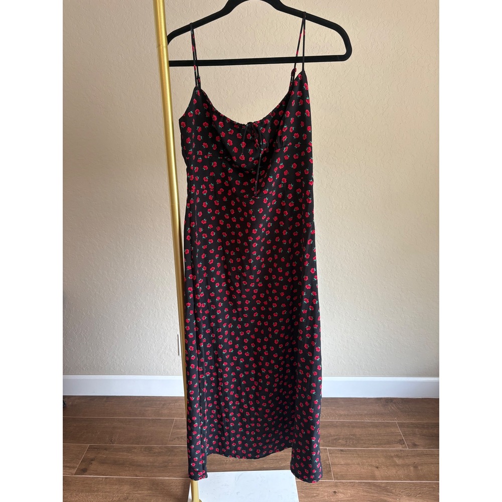 Rose Print Midi Dress Black Red Cowl‎ Neck M Whimsigoth Dark Romantic Milkmaid